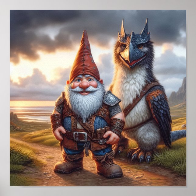 Ein Gnome-Krieger mit seinem Drachen Poster (Vorne)