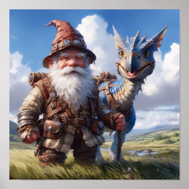 Ein Gnome-Krieger mit seinem Drachen Poster (Vorne)