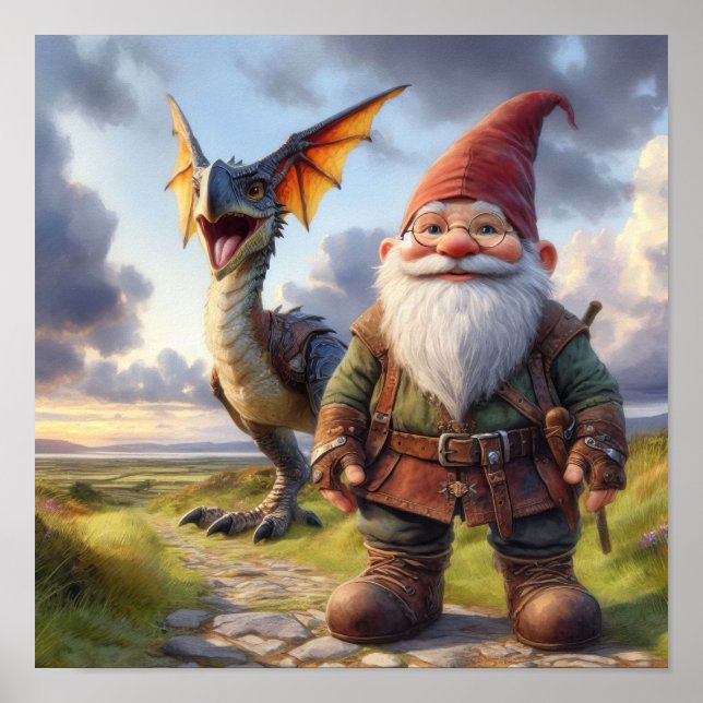 Ein Gnome-Krieger mit seinem Drachen Poster (Vorne)