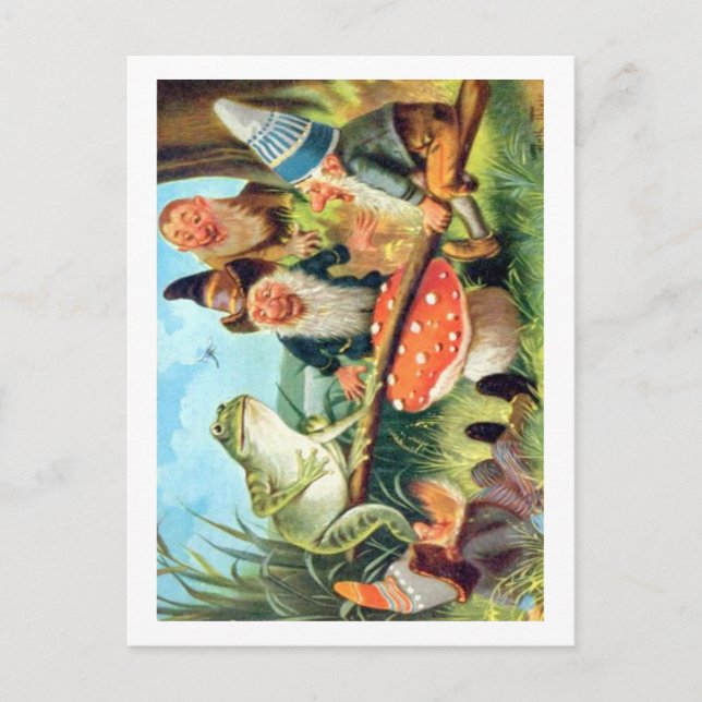 Ein Gnome und Frosch auf einer Pilzsäge Postkarte (Vorderseite)