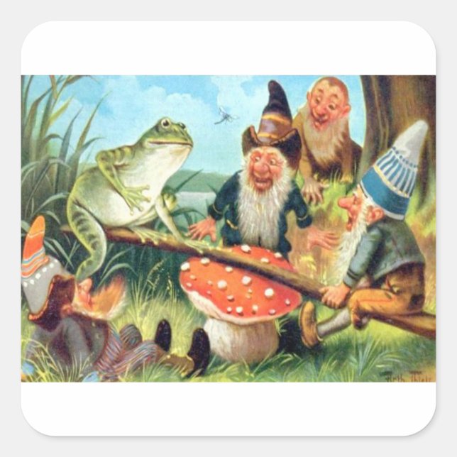 Ein Gnome und Frosch auf einer Pilzsäge Quadratischer Aufkleber (Vorderseite)
