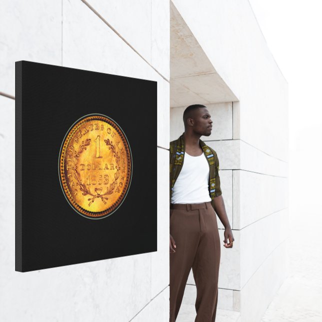 Ein goldener Dollar schwarzer Hintergrund 1853 Leinwanddruck (One Golden Dollar 1853 Coin Black Background Canvas Print)