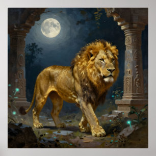 Ein goldener Löwe, der im Mondlicht spaziert Poster