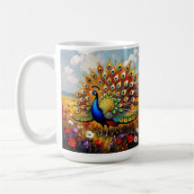 Ein goldener und blauer Pfau in Blumen