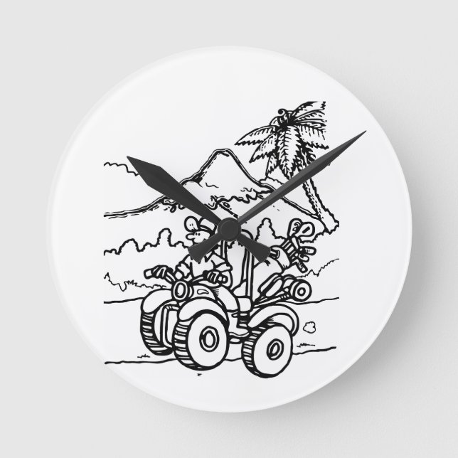 Ein Golfer, der mit seinem Vierrad Golf spielt Runde Wanduhr (Vorderseite)