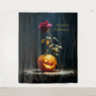 Ein gotischer Halloween-Kürbis und eine Rose Wandteppich