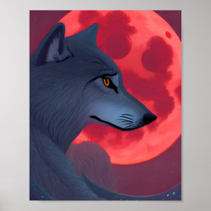 Ein grauer Wolf, der an einem blutenden Mond starr Poster
