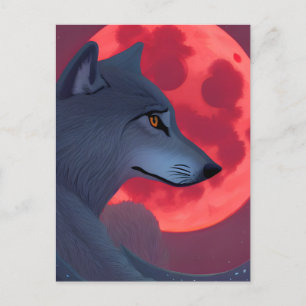Ein grauer Wolf, der an einem blutenden Mond starr Postkarte