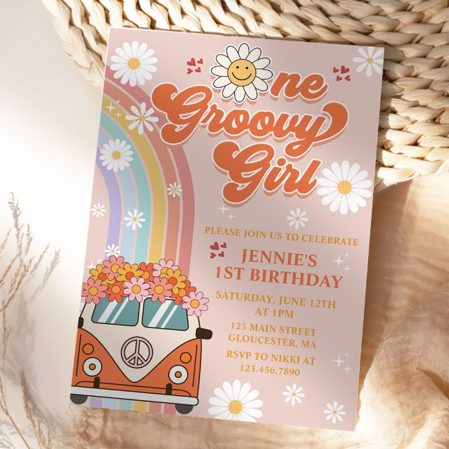 Ein Groovy Girl Retro Rainbow 1. Geburtstag Einladung (Von Creator hochgeladen)