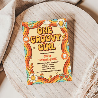 Ein Groovy Girl Retro Rainbow 1. Geburtstags-Party Einladung