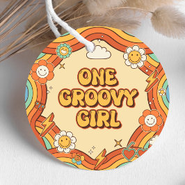 Ein Groovy Girl Retro Rainbow 1. Geburtstags-Party Geschenkanhänger