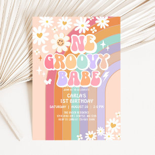Ein groovy Mädchen Daisy Regenbogen Retro 1. Gebur Einladung