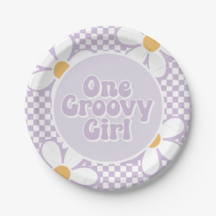 Ein Groovy Mädchen Lila Gänseblümchen Schachbrett Pappteller