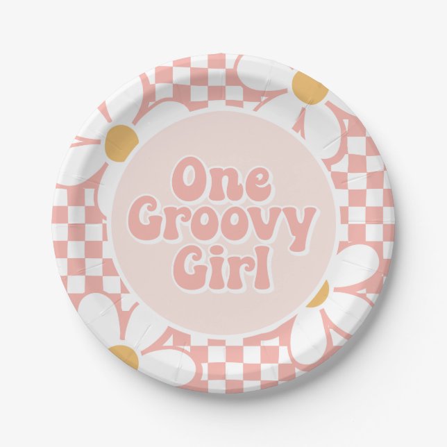 Ein groovy Mädchen Pink Daisy Checker Pappteller (Vorderseite)