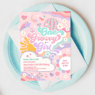 Ein Groovy-Mädchen Sonnen-Regenbogen-Disco 1. Gebu Einladung