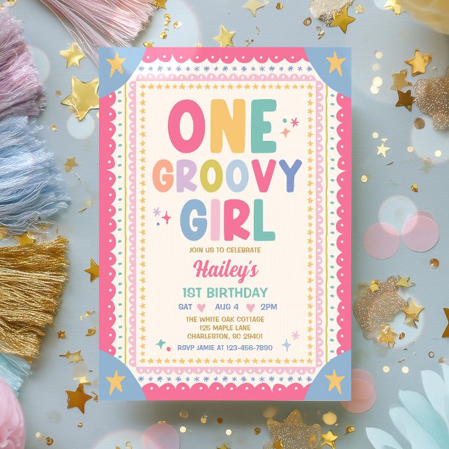 Ein Groovy Mädchen Whimsical Mädchen 1. Geburtstag Einladung (Von Creator hochgeladen)