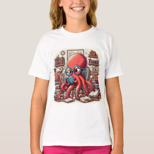Ein großer roter Krake mit rundgläserndem Shirt