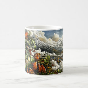 Ein grüner Drache mit scharfen Zähnen und orangen  Kaffeetasse