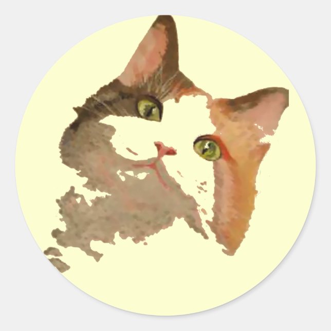 Ein grünes Mit Augen Calico Katze Kunstportrait Runder Aufkleber (Vorderseite)