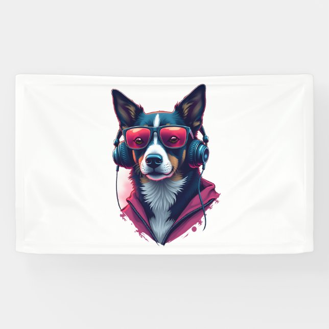 Ein Habu-Hund mit Sonnenbrille und Kopfhörern Banner (Horizontal)