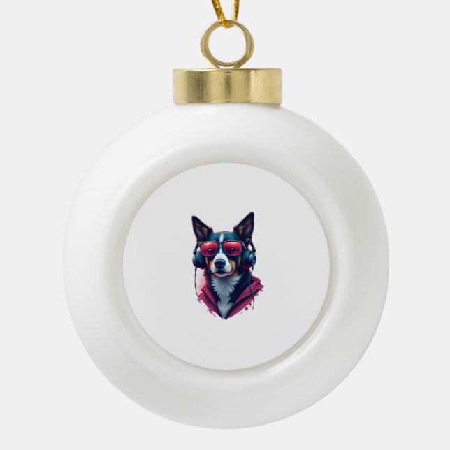 Ein Habu-Hund mit Sonnenbrille und Kopfhörern Keramik Kugel-Ornament (Vorderseite)