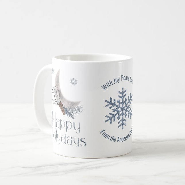 Ein Halbmond, Kiefernfüße. Happy Holidays Kaffeetasse (Vorderseite Links)