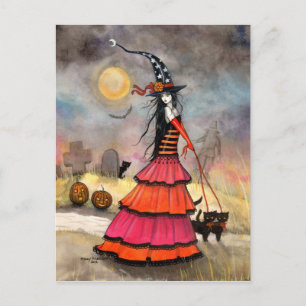 Ein Halloween-Spaziergang Kunst und Schwarze Katze Postkarte