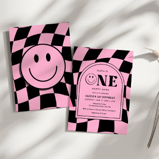 Ein Happy Babe Happy Face Pink Girl 1. Geburtstag Einladung