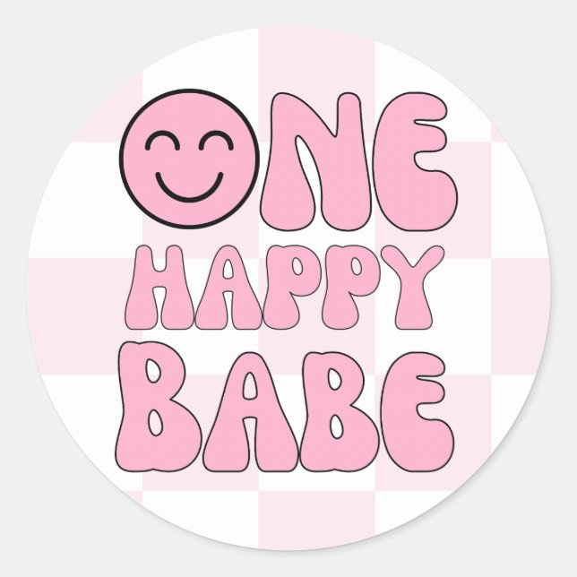 Ein Happy Babe Happy Face Pink Karo Runder Aufkleber (Vorderseite)
