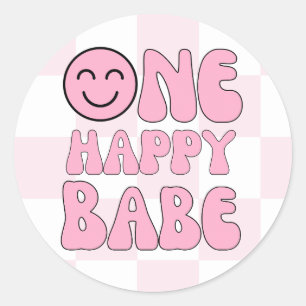 Ein Happy Babe Happy Face Pink Karo Runder Aufkleber