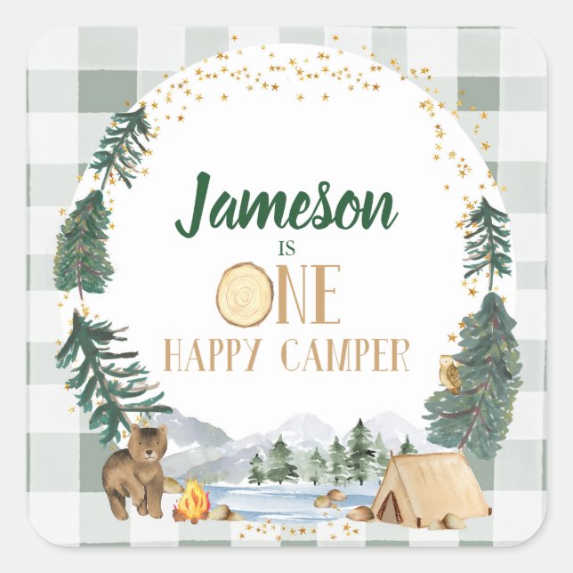 Ein Happy Camper Geburtstagsparty-Aufkleber Quadratischer Aufkleber (Vorderseite)