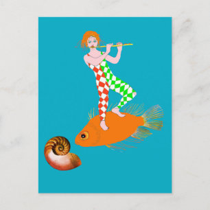 Ein Harlekin-Clown-Charakter, der eine Flöte spiel Postkarte