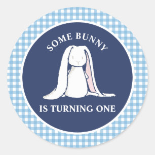 Ein Häschen ist Eins blaues Gingham Geburtstag Runder Aufkleber