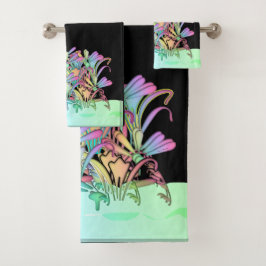 Ein Haufen pastellfarbene Blume schwarz Badhandtuch Set