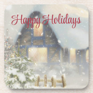 Ein Haus mit Weihnachtsbaum und Zaun Getränkeuntersetzer