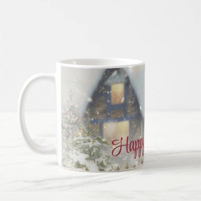 Ein Haus mit Weihnachtsbaum und Zaun Kaffeetasse (Links)
