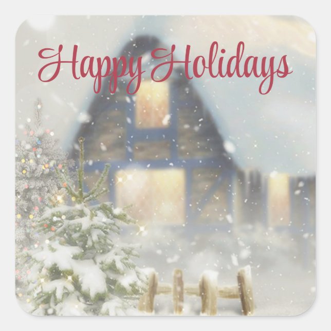 Ein Haus mit Weihnachtsbaum und Zaun Quadratischer Aufkleber (Vorderseite)