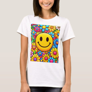 Ein helles T-Shirt mit Smiley-Gesicht und Blumenmu