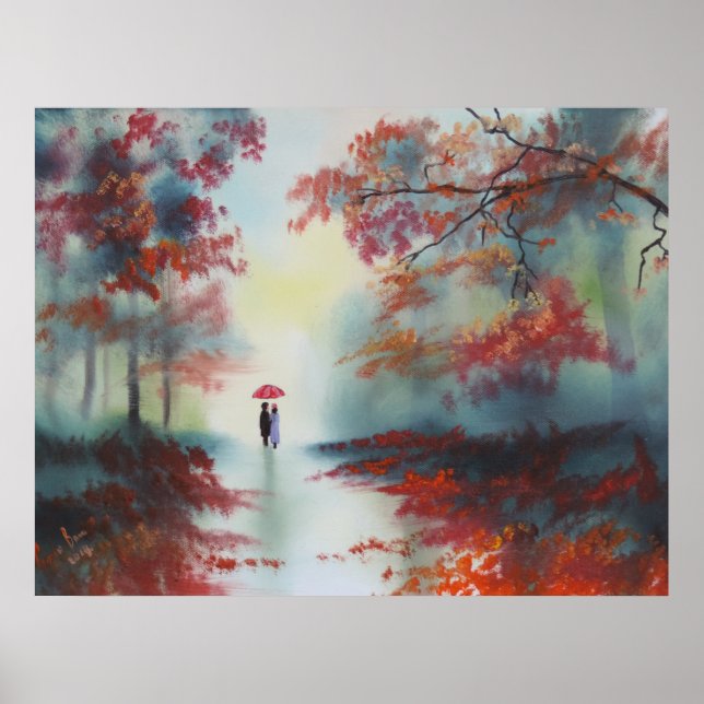 ein Herbstspaziergang an einem regnerischen Tag vo Poster (Vorne)