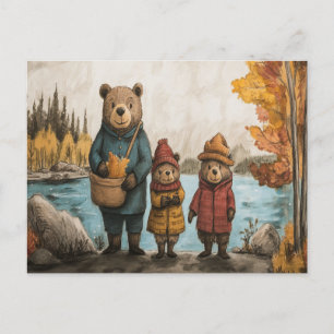 Ein Herbstspaziergang mit der Bärenfamilie am See Postkarte