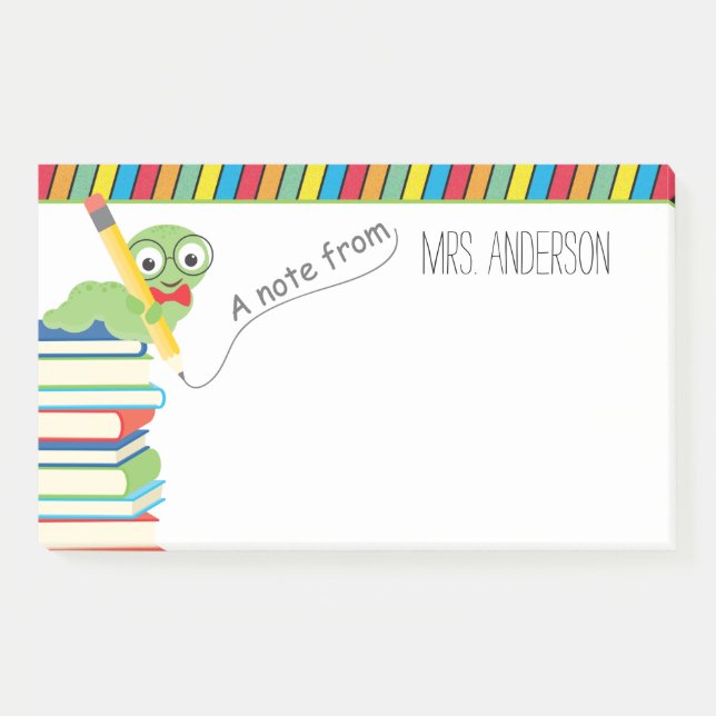 Ein Hinweis von Lehrer mit einem Bookworm Post-it Klebezettel (Vorderseite)