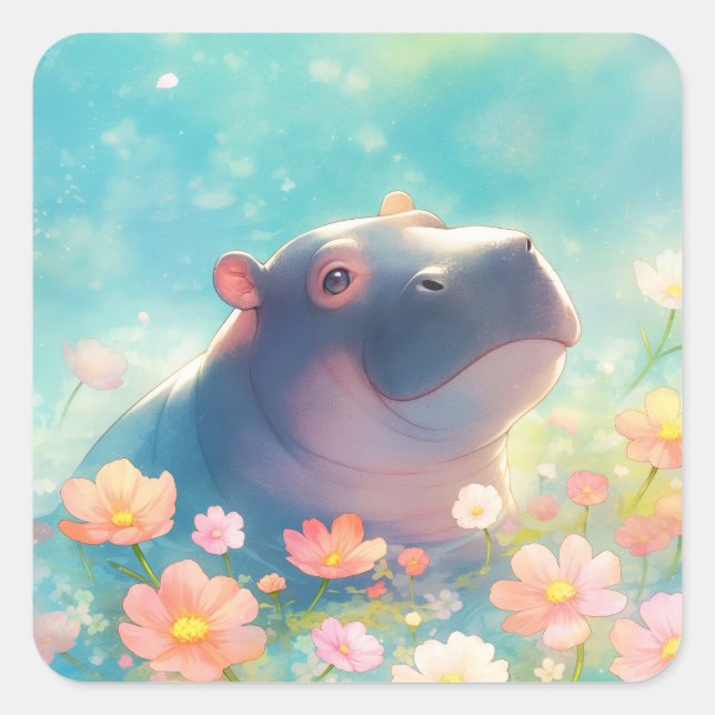 Ein Hippopotamus im Blumengewirr Quadratischer Aufkleber (Vorderseite)