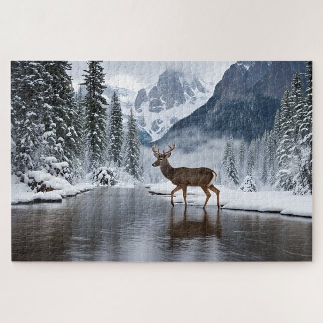 Ein Hirsch an einem Fluss im Winter Puzzle (Horizontal)