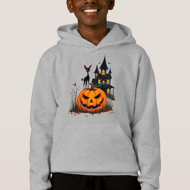 Ein Hirsch auf einem Halloween-Kürbis und ein Spuk Hoodie (Vorderseite)