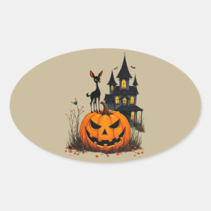 Ein Hirsch auf einem Halloween-Kürbis und ein Spuk Ovaler Aufkleber