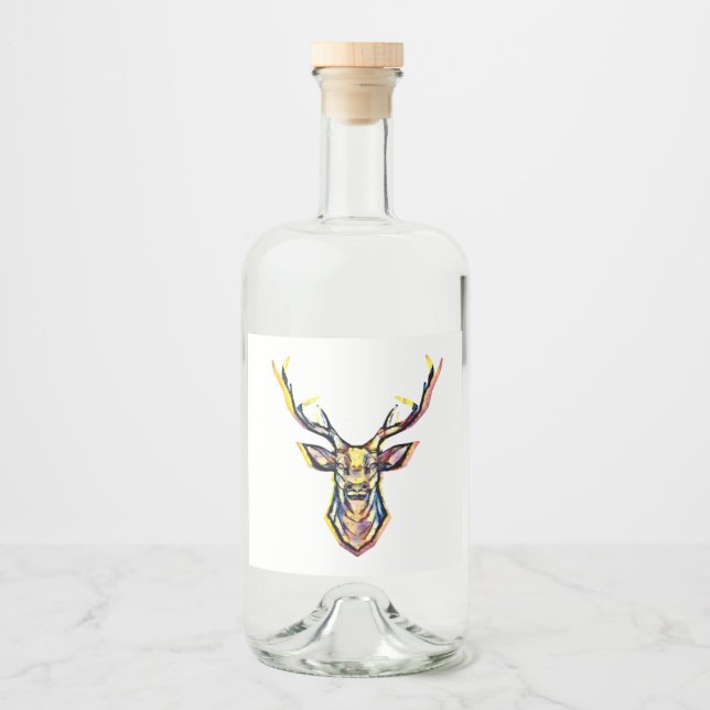 Ein Hirschkopf als buntes Bild im Aquarell Stil    Alkoholflaschenetikett (Vorderseite)