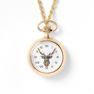 Ein Hirschkopf als buntes Bild im Aquarell Stil    Armbanduhr