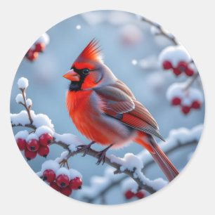 Ein hübscher Kardinal auf einem schneebedeckten Zw Runder Aufkleber
