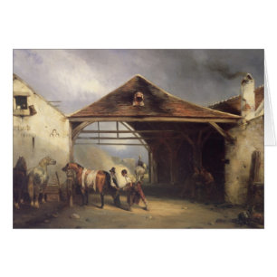 Ein Hufschmied, der ein Pferd beschuht