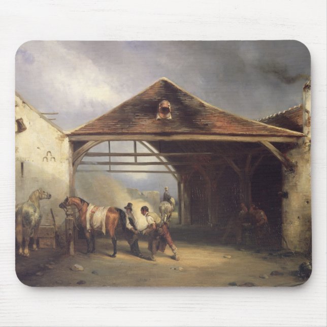 Ein Hufschmied, der ein Pferd beschuht Mousepad (Vorne)